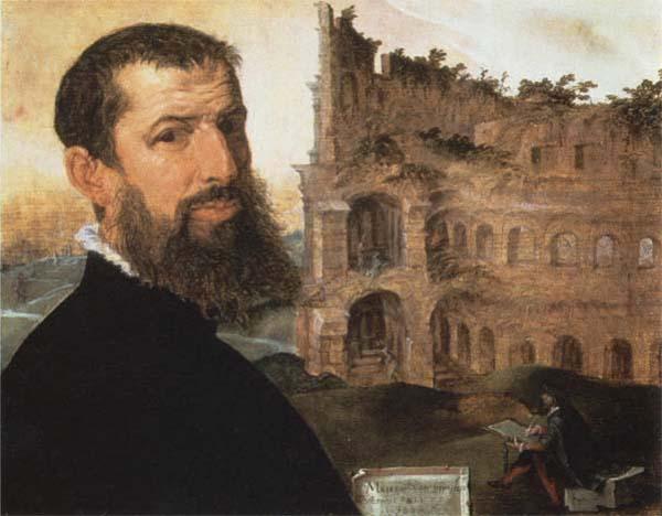 Maerten van heemskerck Self-Portrait of the Painter with the Colosseum in the Background oil painting image